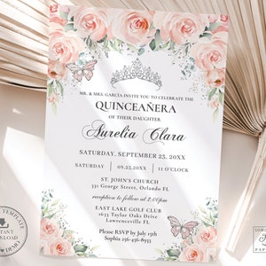 Chic Blush Floral Silver Butterflies Quinceañera Invitation Printable EDITABLE TEMPLATE Mis Quince 15 Anos 16th 18th Birthday Invite QC7