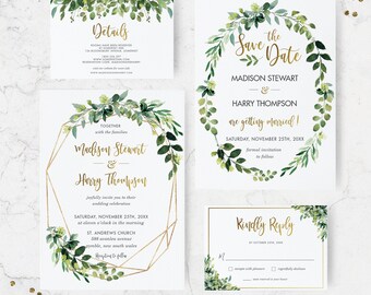 Partecipazioni Matrimonio Greenery - Inviti Nozze Con Foglie Verdi, 10 Pezzi