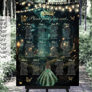 May include: A printable seating chart for a wedding or event with a whimsical forest theme. The chart features a dark green background with gold accents, twinkling lights, and butterflies. The text "Please find your seat" is displayed in a gold font. The chart is divided into tables with names and guest lists.