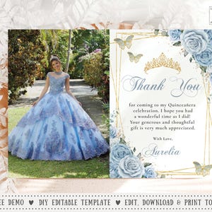 EDITABLE Baby Blue Floral Gold Butterflies Quinceañera Photo Picture Thank You Mis Quince 15 Sweet 16 Birthday Printable Download, QC18