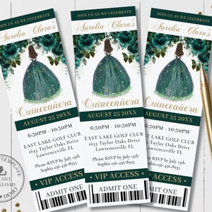 Emerald Green Floral Princess Butterfly Quinceañera Ticket Invitation EDITABLE TEMPLATE Quince 15 Birthday Instant Download Printable QC9