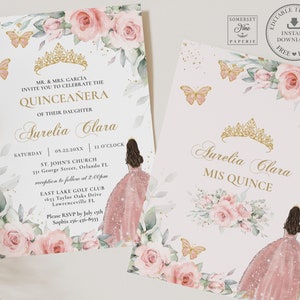 May include: A pink and gold Quincea&ntilde;era invitation with a floral design and a crown. The invitation includes the name Aurelia Clara, the date and time of the event, and the location of the church and reception. The invitation also includes a picture of a young woman in a pink dress.
