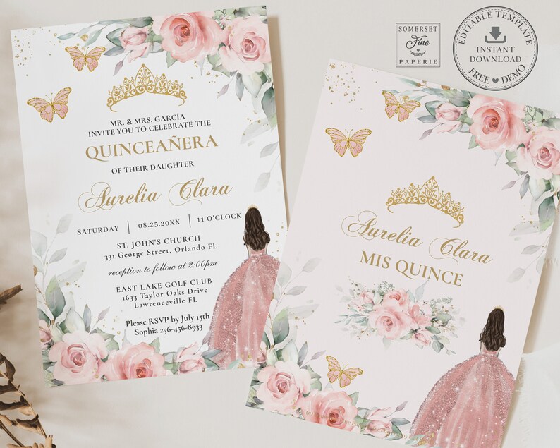 May include: A pink and gold Quincea&ntilde;era invitation with a floral design and a crown. The invitation includes the name Aurelia Clara, the date and time of the event, and the location of the church and reception. The invitation also includes a picture of a young woman in a pink dress.