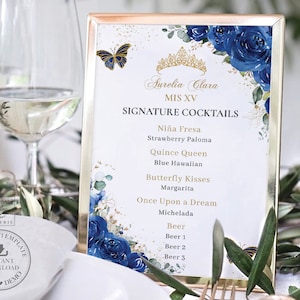 Royal Blue Floral Butterflies Gold Cocktails Bar Menu Sign EDITABLE TEMPLATE Quinceañera 15 XV Sweet Sixteen 16th Birthday Printable QC16