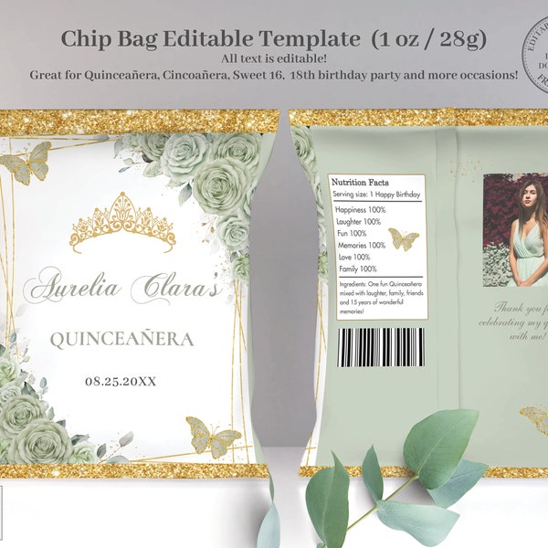 EDITABLE TEMPLATE Chip Bag Sage Green Floral Butterflies Quinceañera Mis Quince 15 Anos Birthday Favor Instant Download Printable QC43
