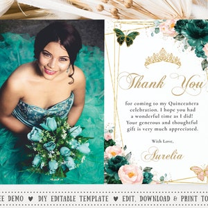 Emerald Green Blush Pink Floral Butterflies Quinceañera Photo Thank you Card EDITABLE TEMPLATE Mis Quince 15 XV 16th Birthday Download QC20