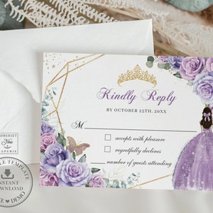 Purple Lilac Lavender Floral Gold Quinceañera RSVP Card Printable EDITABLE TEMPLATE, Princess Mis Quince 15 xv Sweet 16th Birthday, QC37
