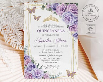 May include: Purple and white floral quinceañera invitation with gold accents. The invitation features a gold crown, butterflies, and the text "Aurelia Clara" in a decorative script font. The invitation includes the date, time, and location of the event.