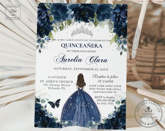 Navy Blue Floral Princess Silver Quinceañera Invitation INSTANT DOWNLOAD, Mis Quince 15 Anos 16th Birthday EDITABLE Template Printable, QC17