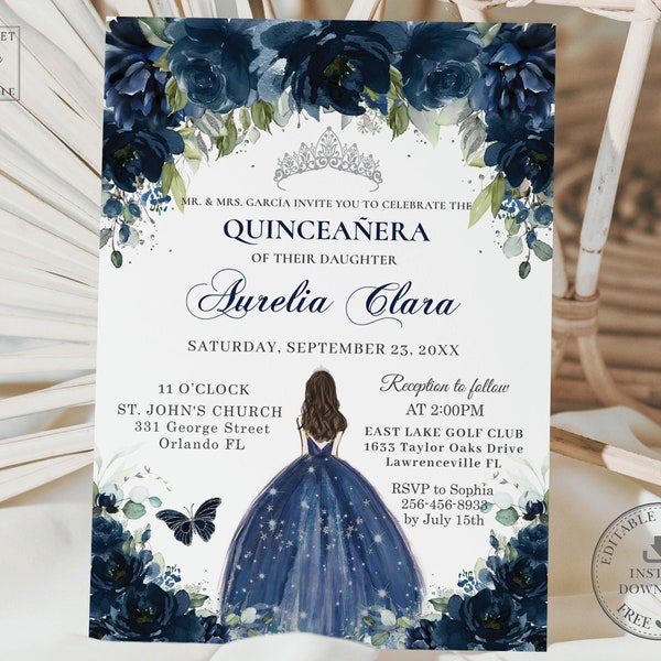 Navy Blue Floral Princess Silver Quinceañera Invitation INSTANT DOWNLOAD, Mis Quince 15 Anos 16th Birthday EDITABLE Template Printable, QC17