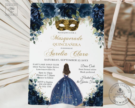 EDITABLE Dark Navy Blue Floral Masquerade Gold Quinceaera Invitation Mis  Quince XV 15 Sweet 16 Birthday Invites DIY Download Printable QC17 - Etsy