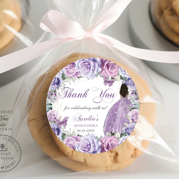 EDITABLE 2" Circle Favor Label Purple Lavender Lilac Floral Butterfly Brown Girl Quinceaneara 15th Birthday Sweet 16 Printable Download QC37