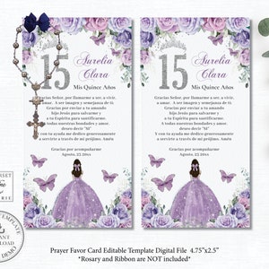 Prayer Card Rosary Favor Purple Lavender Lilac Floral Silver EDITABLE TEMPLATE Quinceañera Quince 15 Sweet 16 Birthday Printable File QC37