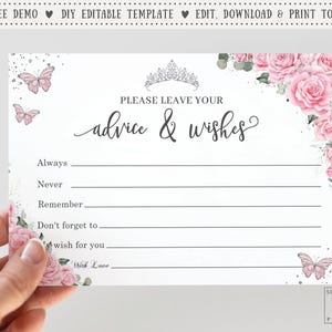 Advice and Wishes Card EDITABLE Template Pink Roses Floral Silver Butterflies Quinceañera Printable File XV Quince 15 Sweet 16 Birthday QC24