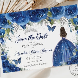 Royal Blue Floral Silver Quinceañera Save the Date Card INSTANT DOWNLOAD Prinses Tiara Rose Mis Quince 15e verjaardag BEWERKBARE sjabloon QC16