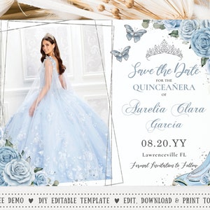 Baby Blue Floral Cinderella Quinceañera Photo Save the Date Postcard Printable EDITABLE TEMPLATE 15 Mis Quince 16th Birthday Download QC18