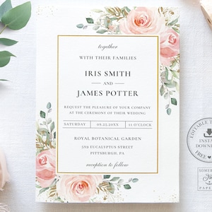 May include: Wedding invitation with a floral design featuring pink roses and greenery. The invitation is for Iris Smith and James Potter, and it includes the date, time, and location of the wedding ceremony. The text reads "together with their families Iris Smith and James Potter request the pleasure of your company at the ceremony of their wedding Saturday 08.25.20XX 11 O'Clock Royal Botanical Garden 589 Eucalyptus Street Pittsburgh, PA reception to follow".
