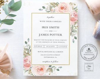 EDITABLE TEMPLATE Floral Wedding Invitation, Blush Pink Roses Greenery Bridal Shower Printable, Modern Gold Rectangle, INSTANT Download BL3