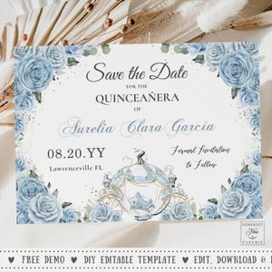 Baby Blue Floral Cinderella Pumpkin Carriage Quinceañera Save the Date Printable EDITABLE TEMPLATE 15 Mis Quince 16th Birthday Download QC18