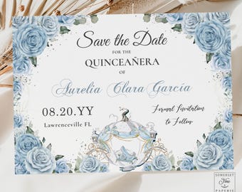 May include: A blue and white save the date card featuring a Cinderella carriage illustration and floral accents. The text reads "Save the Date for the Quinceañera of Aurelia Clara García 08.20.YY Lawrenceville FL Formal Invitation to Follow".
