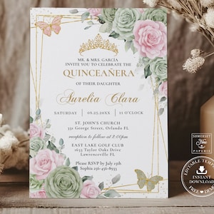 Sage Green Pink Floral Gold Butterflies Quinceañera Invitation INSTANT DOWNLOAD Mis Quince 15 16th Birthday Printable EDITABLE Template QC49