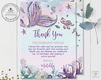 Mermaid Thank You Card INSTANT DOWNLOAD, Mermaid Birthday Party Diy Editable Template, PDF Printable, Under the Sea, Ocean Creatures MT1A