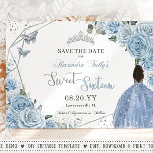 EDITABLE Baby Blue Roses Floral Silver Sweet 16 Save the Date Card Brown Princess Crown Roses Sixteen 16th Birthday Quinceañera QC18