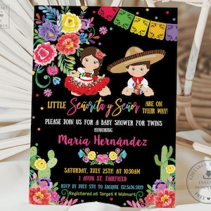 May include: A black and white baby shower invitation with colorful floral accents. The invitation features a cartoon illustration of a girl and boy dressed in traditional Mexican clothing. The text reads "Little Señorita y Señor are on their way! Please join us for a baby shower for twins honoring Maria Hernandez. Saturday, July 25th at 10:30am, 1 Avon St. Fairfield. RSVP by July 5th to Jacquie 132.5696.5899. Registered at Target & Walmart."