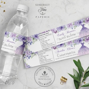 Purple Lilac Floral Dress Sweet 16 Water Bottle Label, EDITABLE TEMPLATE, Quinceanera 16th Birthday Wrapper Sticker Printable INSTANT QC3