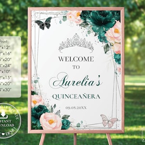 Emerald Green Blush Floral Twins Silver Quinceañera Welcome Sign Printable EDITABLE TEMPLATE Quince 15th Birthday Butterflies INSTANT QC20