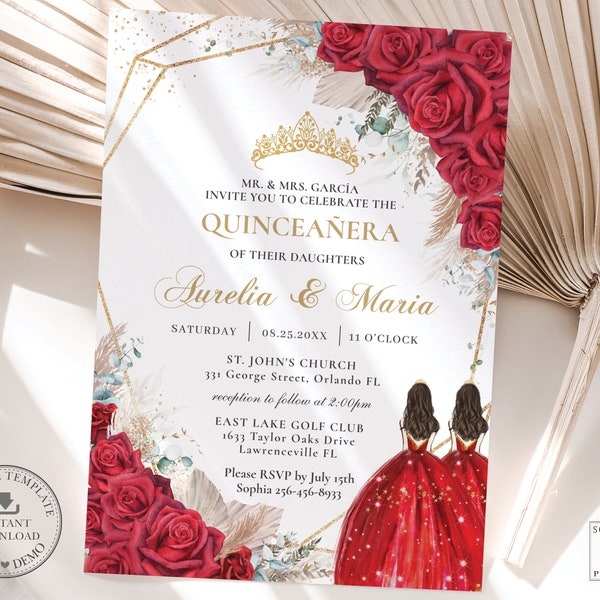 Red Floral Roses Pampas Grass Quinceañera Invitation INSTANT DOWNLOAD Mis Quince 15 Twins Sisters Birthday Invite Diy Editable Template QC19