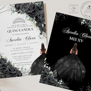 Black Silver Floral Roses Princess Quinceañera Invitation EDITABLE TEMPLATE, Mis Quince 15 Anos 16 Birthday Instant Download Printable, QC25