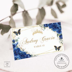 Royal Blue Floral Gold Butterflies Crown Place Cards Printable EDITABLE TEMPLATE Table Guest Name Quinceañera XV Sweet 16 Birthday File QC16