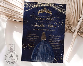 May include: A navy blue Quinceañera invitation card featuring a gold tiara, string lights, and gold stars. The text includes details for Aurelia Clara, St. John's Church, and East Lake Golf Club, with a central illustration of a person in a ballgown.