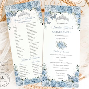 May include: Two elegant quinceañera invitation cards. The cards feature a light blue floral design with butterflies and a tiara. Text includes "Special Thanks to Mis Padrinos" and "Welcome to Aurelia Clara's Quinceañera".