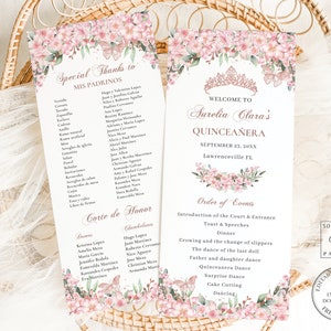 EDITABLE Slim Cherry Blossoms Rose Gold Quinceañera Program Quince Birthday Printable Order of Events Padrinos Corte de Honor Download QC46
