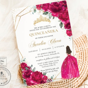 Fuchsia Hot Pink Floral Princess Dress Quinceañera Invitation EDITABLE Template Magenta Quince 15 Sweet 16 Birthday Printable Download QC71