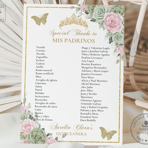 Sage Green Pink Floral Quinceañera Padrinos List Printable, EDITABLE TEMPLATE, Mis Quince 15 Anos Princess Birthday, INSTANT Download, QC49