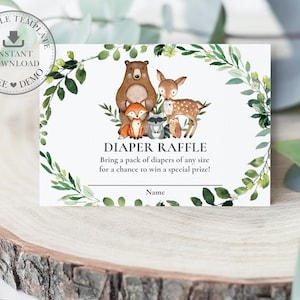 Woodland Animals Greenery Diaper Raffle Ticket TÉLÉCHARGEMENT INSTANTANÉ, Deer Fox Owl Forest Diy Modèle modifiable numérique, PDF Imprimable WL1