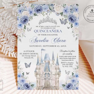 Dusty Blue White Floral Silver Fairytale Castle Quinceañera Invitation Quince 15 Birthday Invite Printable EDITABLE TEMPLATE Download QC102