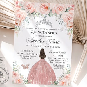 Blush Floral Silver Quinceañera Convite para impressão, MODELO EDITÁVEL, Mis Quince 15 Anos 16º Aniversário Convite DIY, Download INSTANTÂNEO, QC7