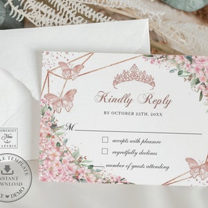 Cherry Blossoms Pink Floral Rose Gold Butterflies Quinceañera RSVP Card EDITABLE TEMPLATE Quince 15 16th Birthday Printable Download QC46