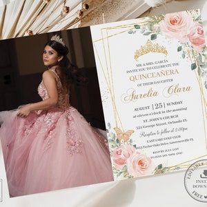 Chic Blush Pink Floral Quinceañera Photo Invitation Printable EDITABLE TEMPLATE Butterflies Mis Quince 15 Anos 16th 18th Birthday Invite QC7