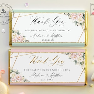 May include: Two wedding favor chocolate bar wrappers with a gold geometric design and pink and white floral illustrations. The text on the wrappers reads "Thank You" and includes the names "Madison & Matthew" and the date "25.11.20XX".