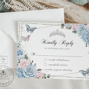 Baby Blue Pink Floral Butterflies Quinceañera RSVP Card Printable EDITABLE TEMPLATE, Mis Quince 15 Anos 16th Birthday, Instant Download QC55