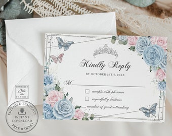 Baby Blue Pink Floral Butterflies Quinceañera RSVP Card Printable EDITABLE TEMPLATE, Mis Quince 15 Anos 16th Birthday, Instant Download QC55