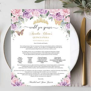EDITABLE Purple Lilac Pink Floral Quinceañera Sponsor Letter Quince XV 15 Birthday Printable Padrinos Godparent Request Letter Download QC58