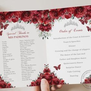 Red Floral Silver Princess Butterflies Quinceañera Program Printable EDITABLE TEMPLATE Padrinos Damas Order of Events Quince Birthday QC13