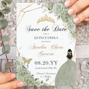 Sage Green Floral Gold Brunette Princess Quinceañera Save the Date EDITABLE TEMPLATE Quince 15 18 16 Birthday Invite Printable Download QC43