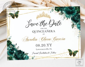 Emerald Green Floral Butterflies Quinceañera Save the Date Card INSTANT DOWNLOAD Princess Mis Quince 15 16th Birthday EDITABLE Template QC9